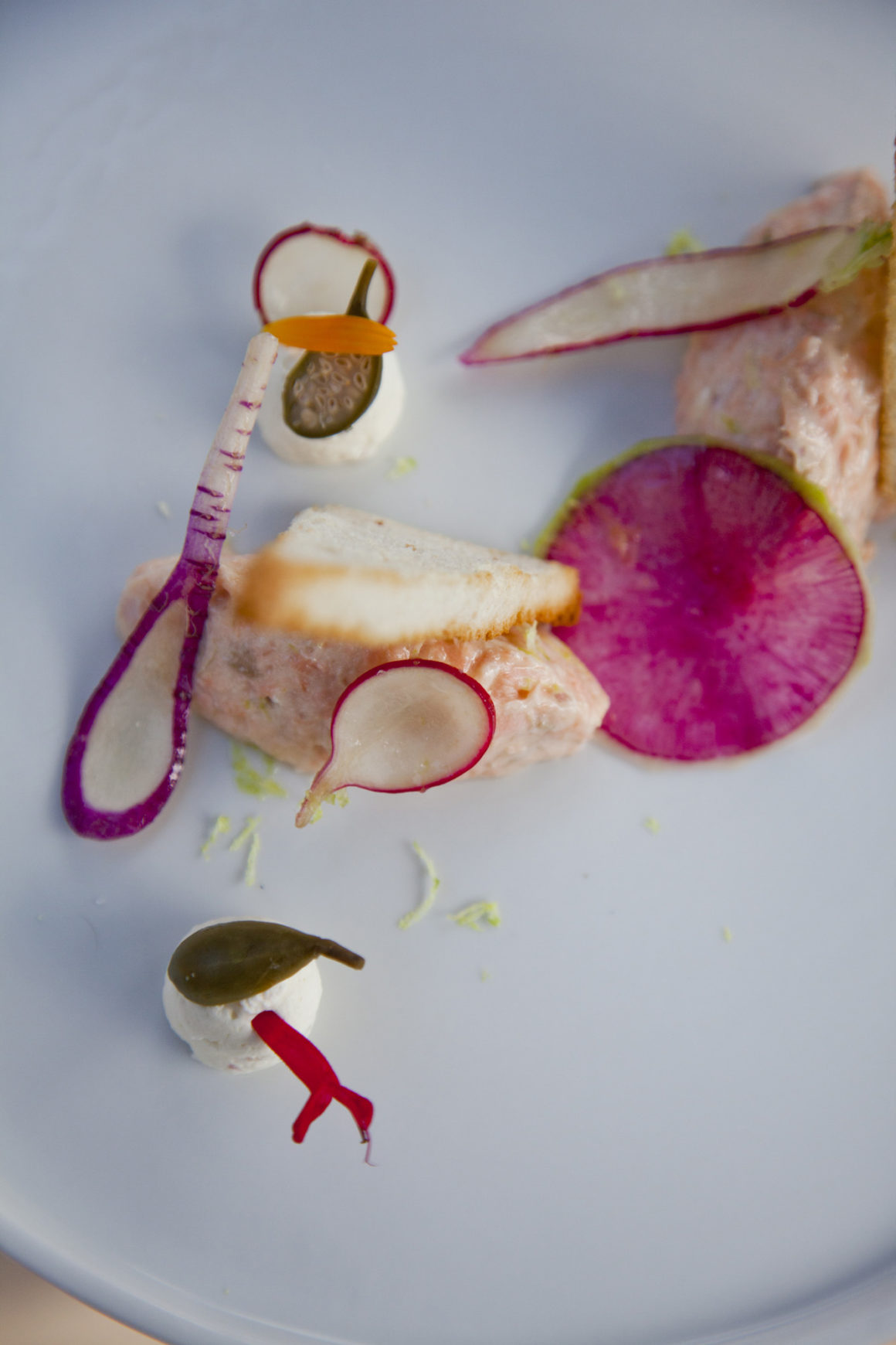 "Rillette de saumon fumé, radis multicolores et câpres acidulées", le Mas Bottero.